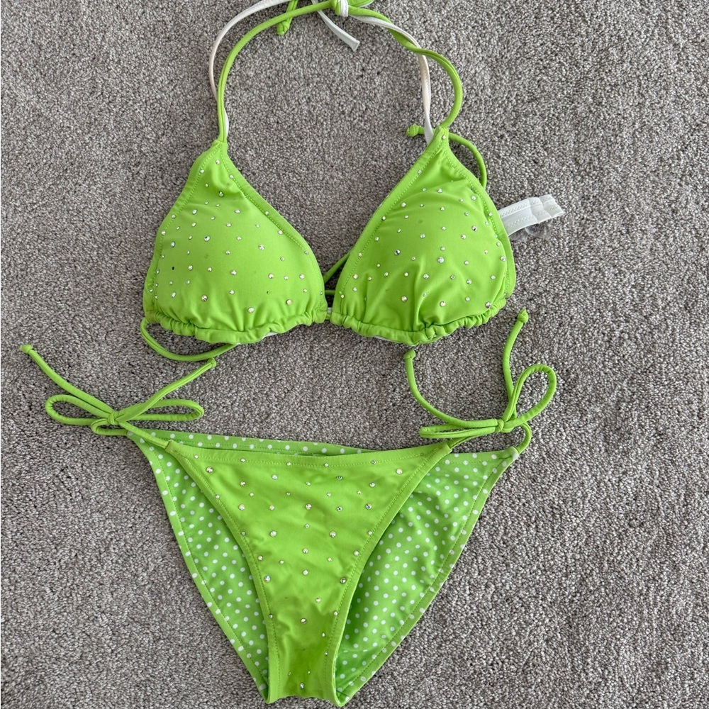 Victoria's Secret Lime Green Polka Dot Bikini Top with Rhinestones